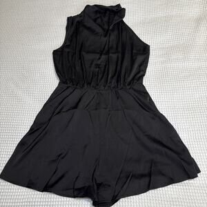 BTFBM Womens Satin Mock Neck Sleeveless Summer Shorts Romper Solid Black Lg NWT